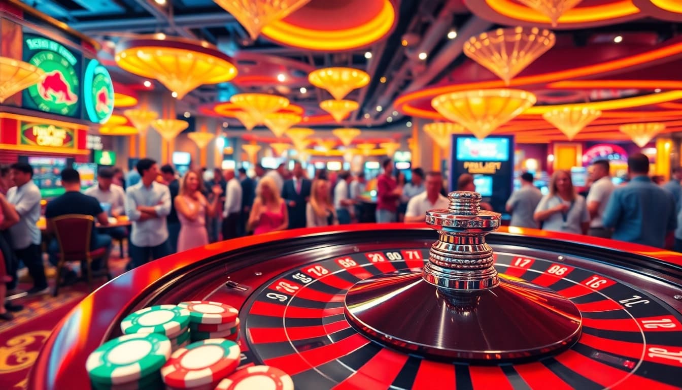 Experience the excitement of 18vip娛樂 with a dynamic casino scene featuring a roulette wheel and poker chips.
