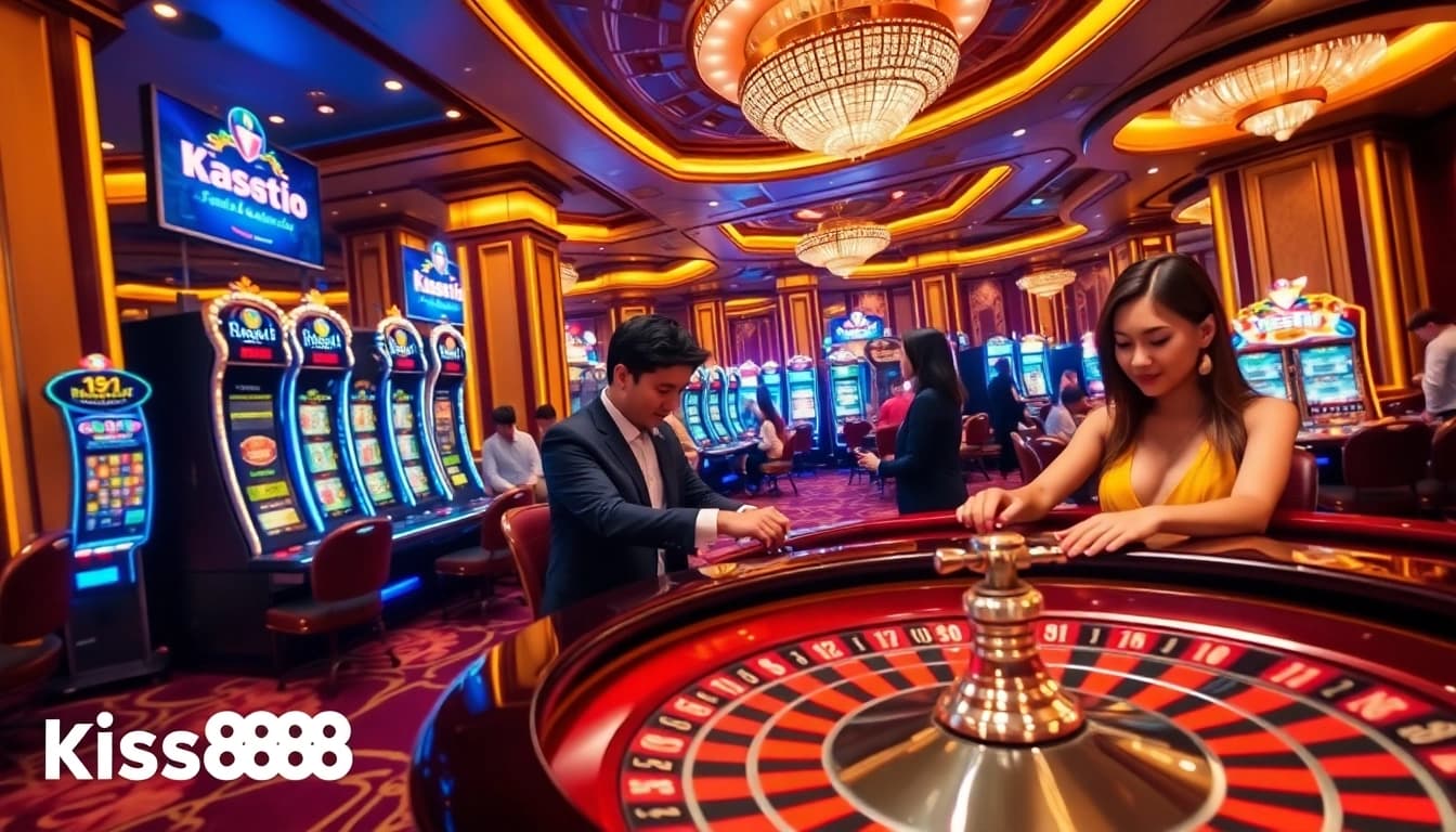 Kiss888 online casino scene showcasing players engaging with slot machines and live dealer games.