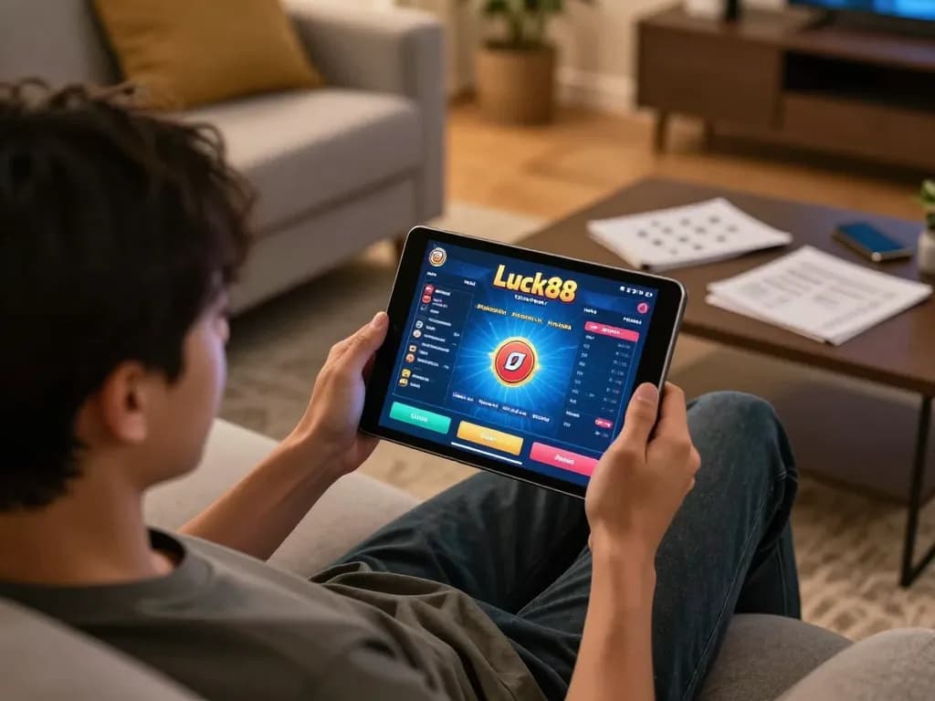 Engaged in strategic gameplay with tablet showing luck88 games, cozy home atmosphere