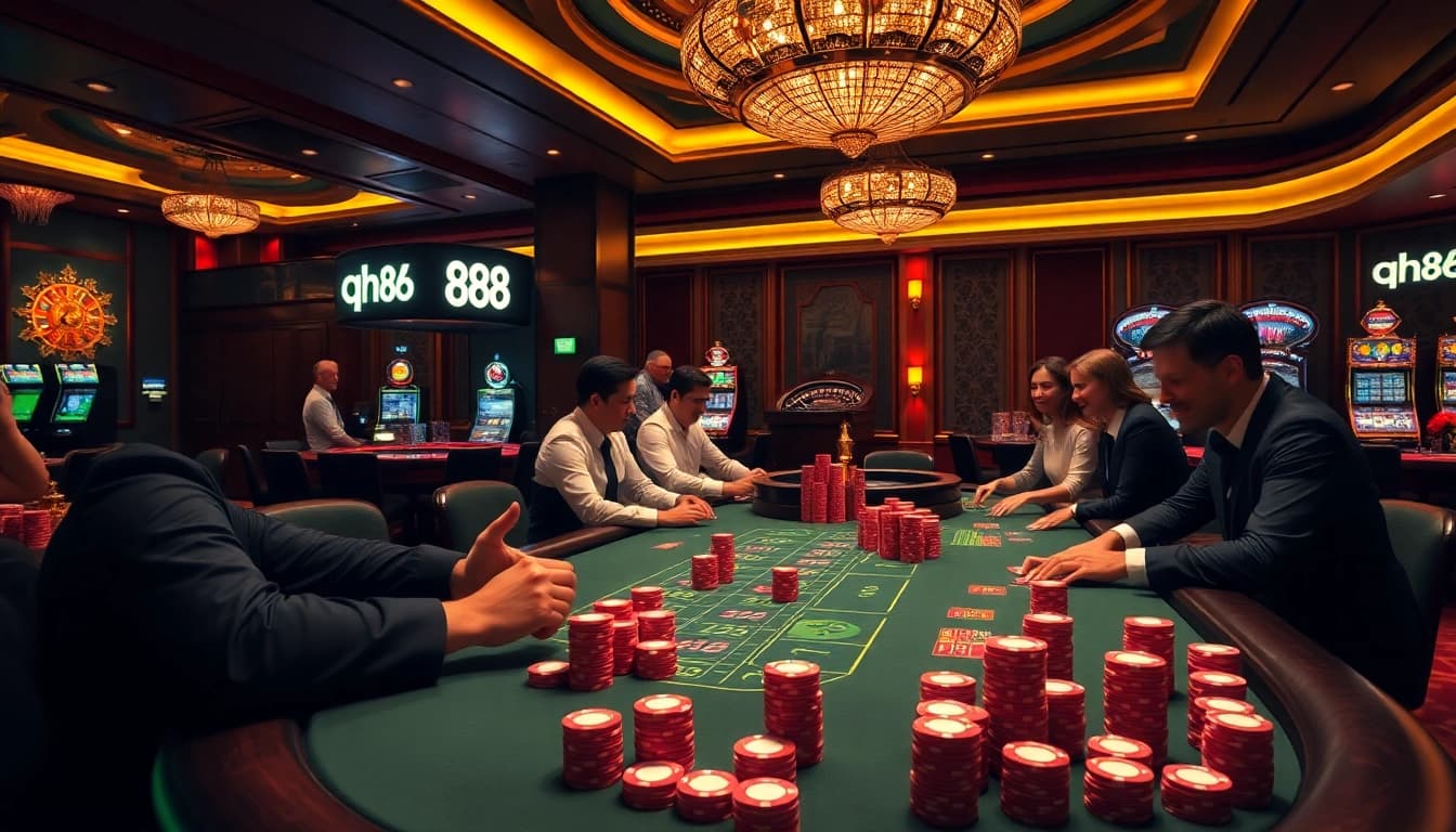 Players enjoying a professional gaming experience at qh88 casino with vibrant chips and roulette.