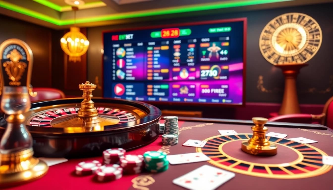 Engaging scene on the trang chủ 28bet featuring luxurious casino elements like poker chips and roulette wheels.