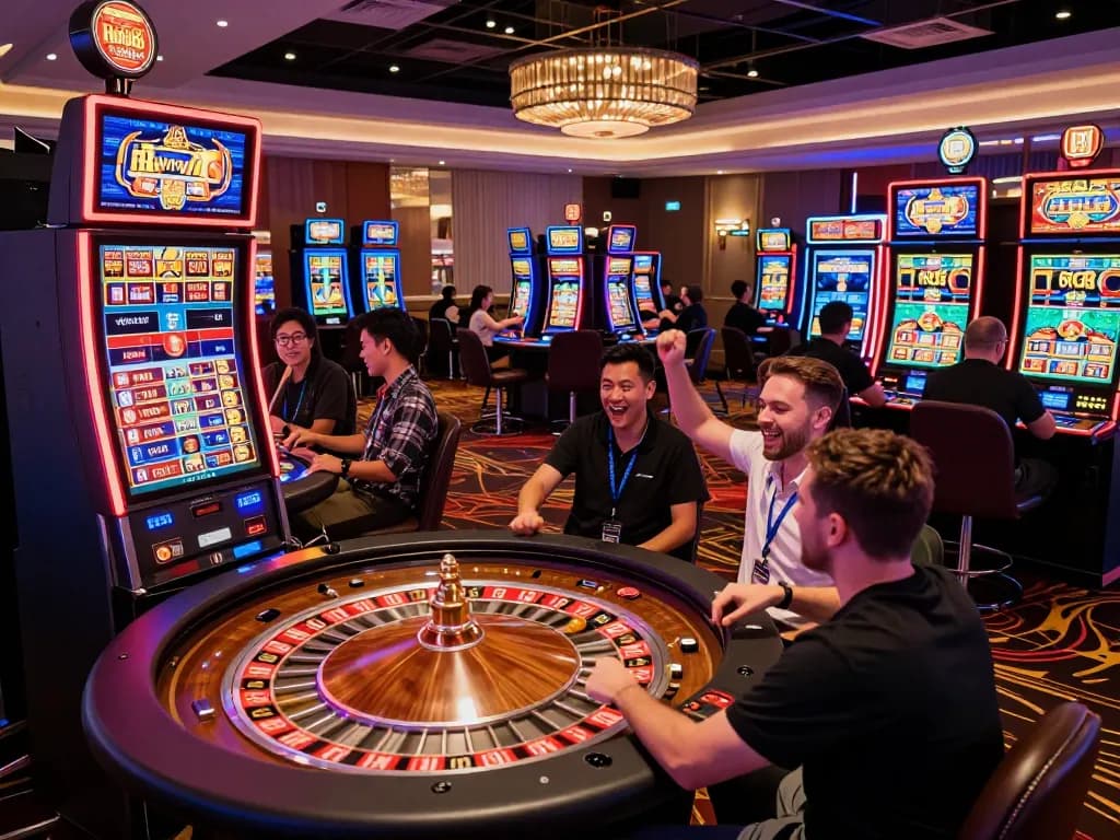 Ho88 casino gaming scene with players engaged in roulette and slots, showcasing the excitement.