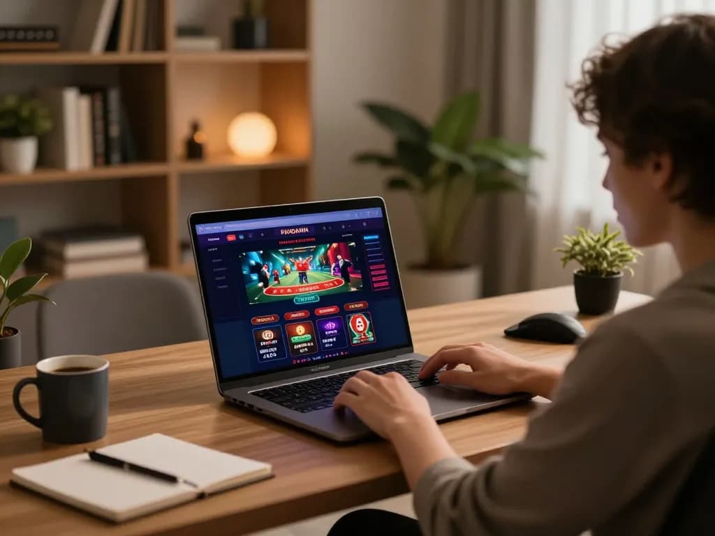 PANDWIN permainan kasino online di laptop ramping di pengaturan kantor rumah modern, menyoroti taruhan strategis.