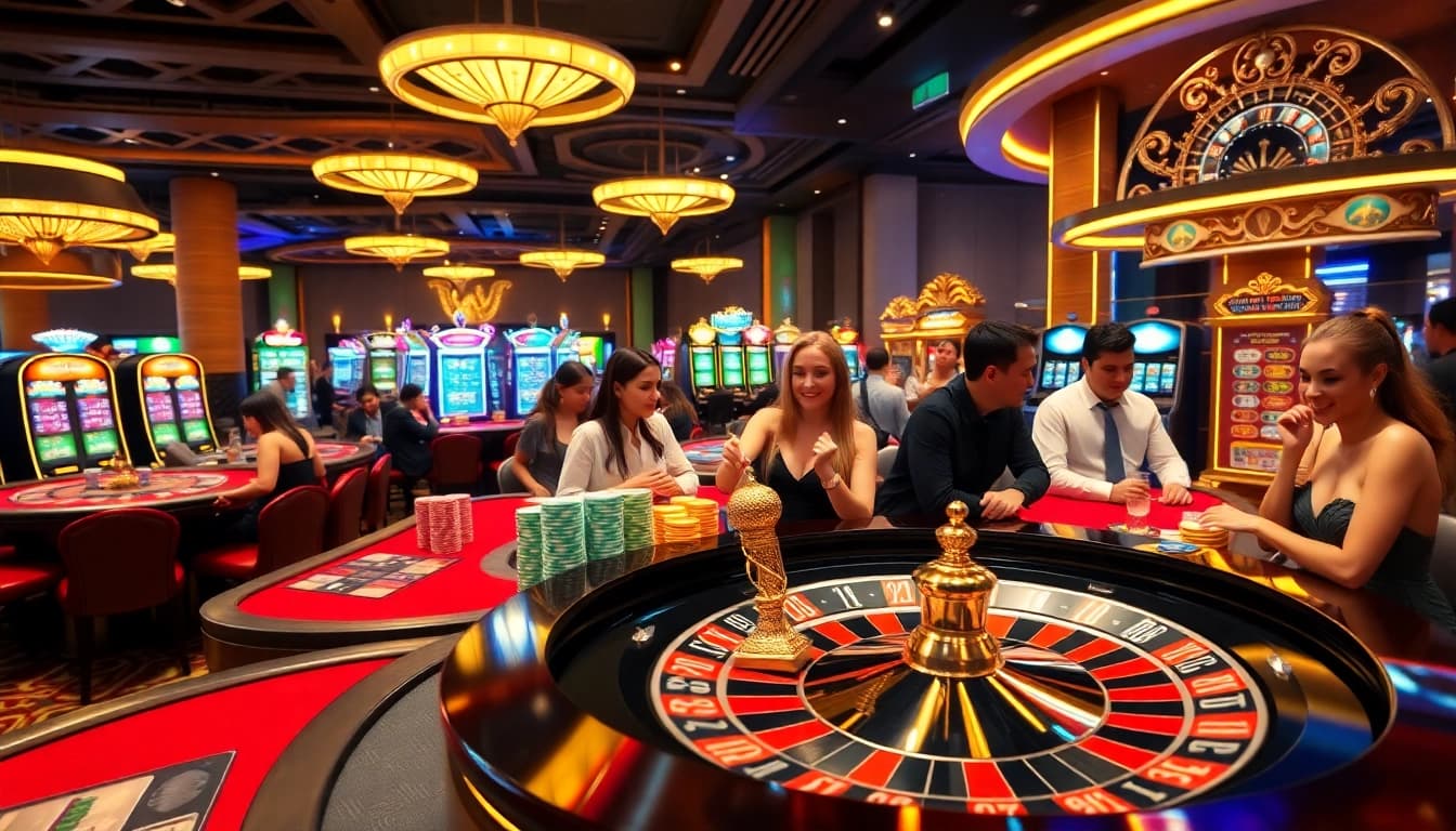 Image showcasing players enjoying gaming at https://thabet77.sa.com/, with vibrant tables and a roulette wheel.