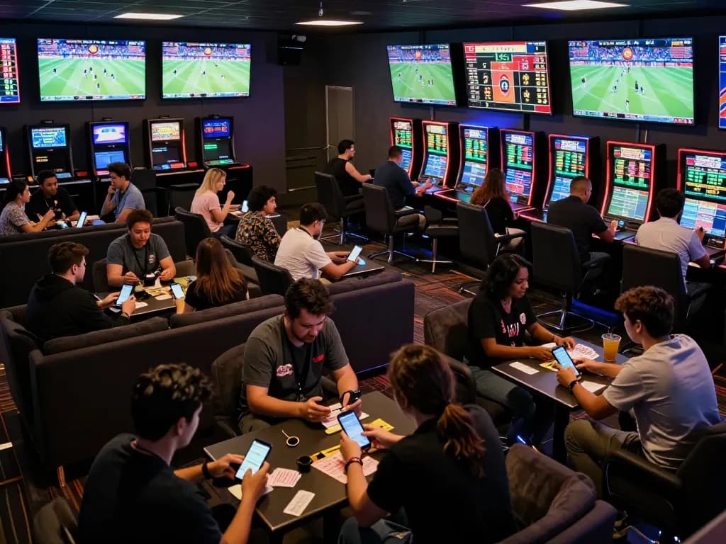 Cheering bettors analyze lines and odds at Ta88's vibrant sports betting lounge.