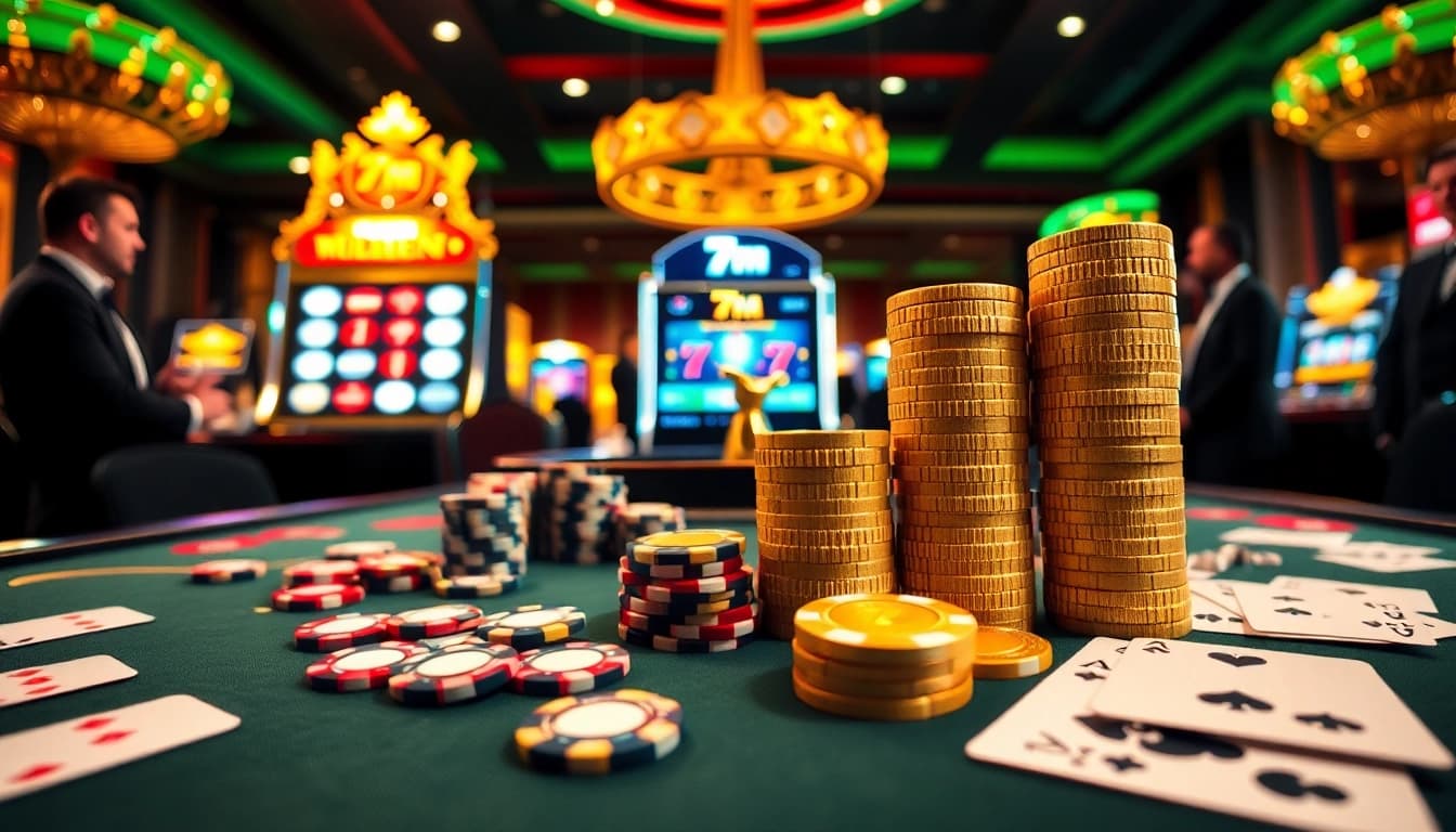 Experience the excitement of gambling at the 7M casino table with poker chips and vibrant cards.