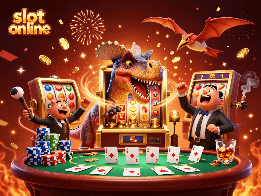 Dynamic scene depicting slot online action with a cartoon dinosaur and casino elements.