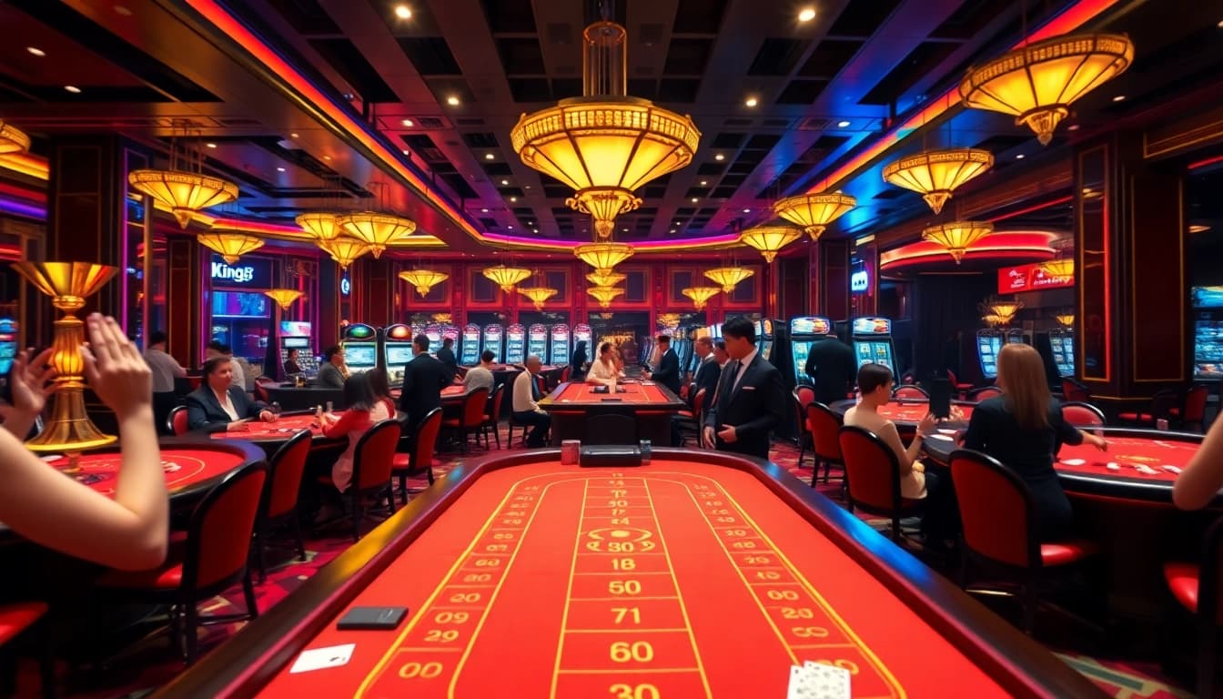 Players enjoy thrilling games at King88 casino table surrounded by luxurious decor and vibrant atmosphere.