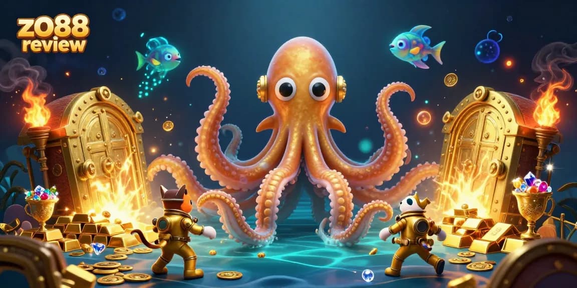 Engage with the zo88 review through an exciting treasure-filled ocean scene with vibrant casino-themed elements.