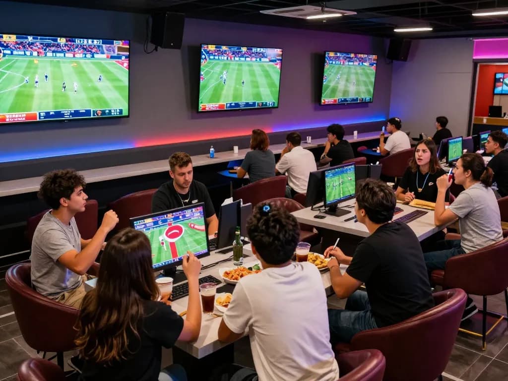 Betting on live sports at 88aa's dynamic lounge with screens showing matches and excited fans