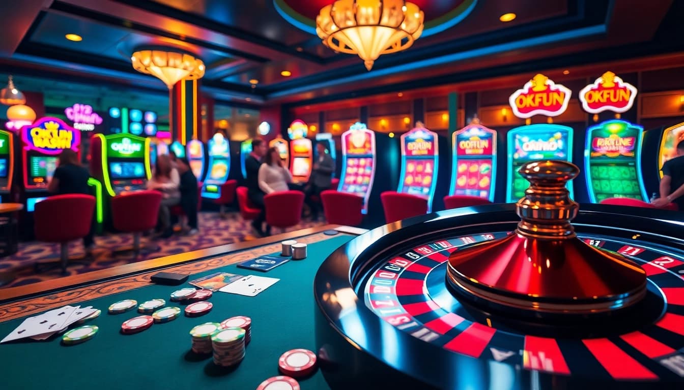 Engaging players enjoying OKFUN casino games at a vibrant gaming table with bright lights.