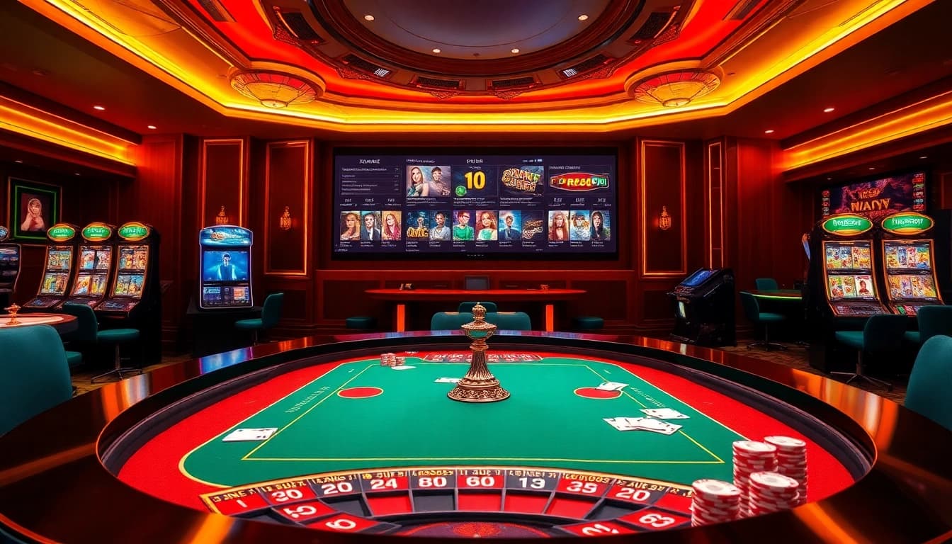 Experience the thrill of gambling at RR88 with a luxurious casino scene featuring roulette, cards, and poker chips.