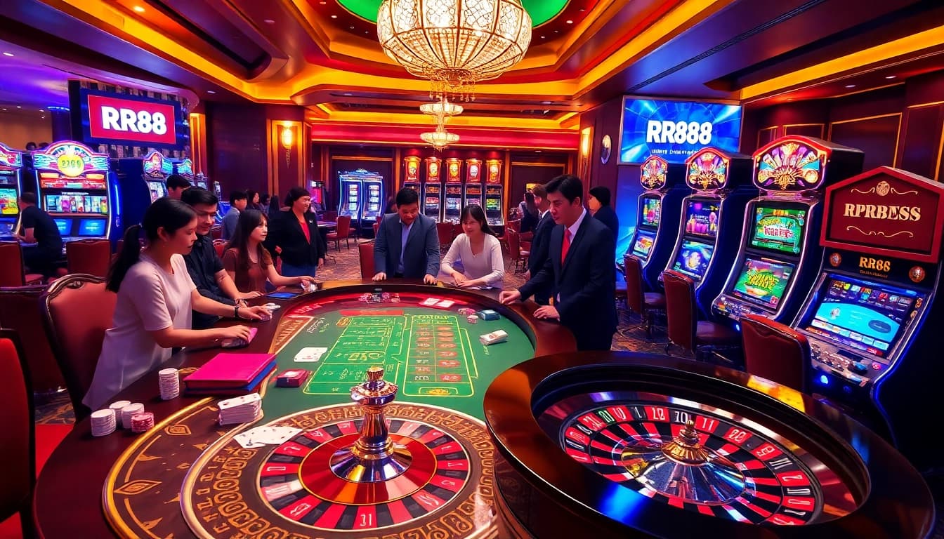 Experience the excitement of RR88 with vibrant casino visuals featuring poker action and roulette.