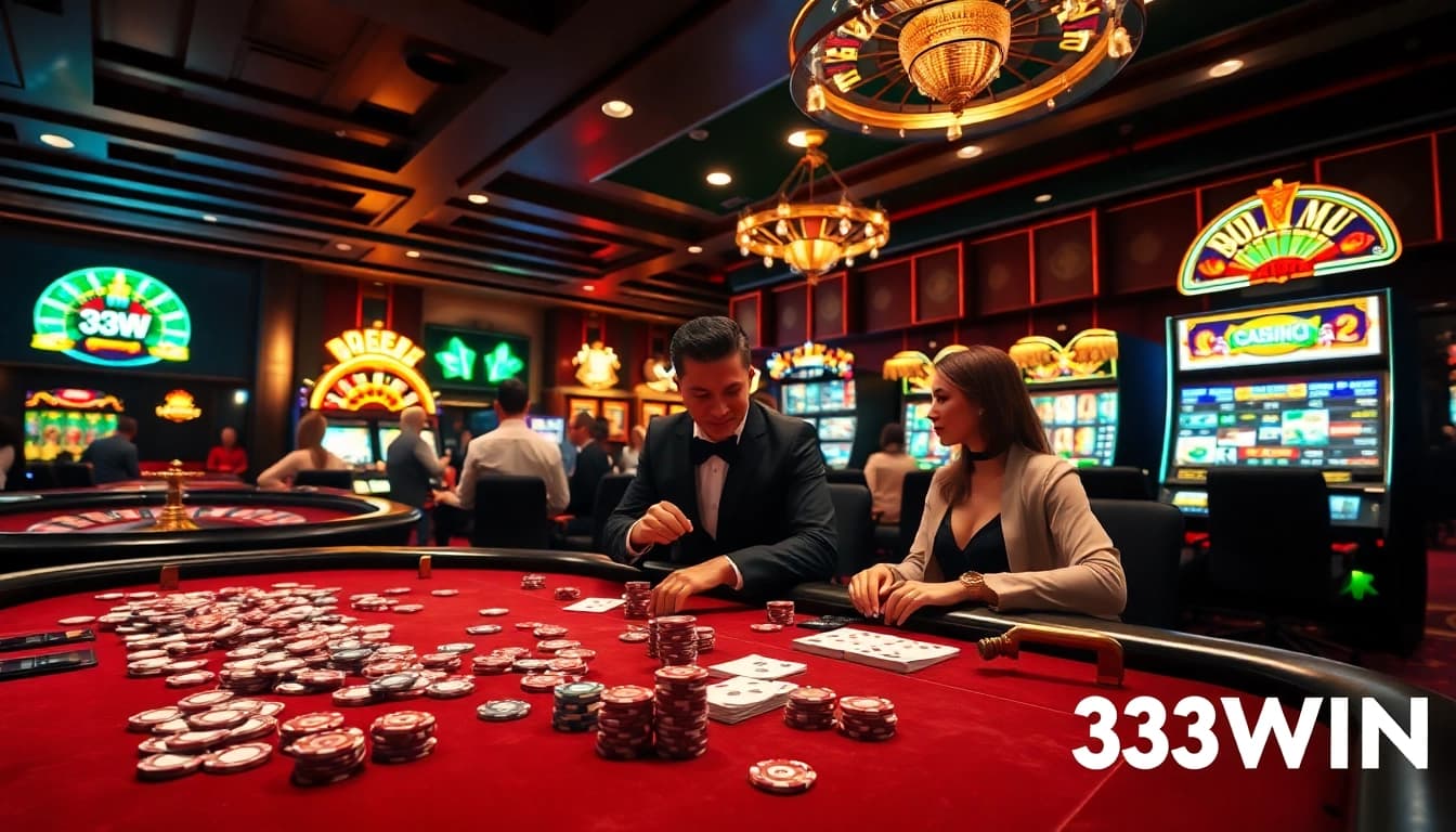 Engaging poker players at a luxurious 33WIN casino table, enhancing casino excitement.