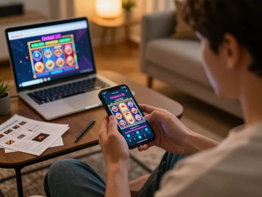 Pengguna Ombak138 sedang berinteraksi dengan permainan kasino seluler di smartphone sambil menikmati suasana nyaman di rumah.