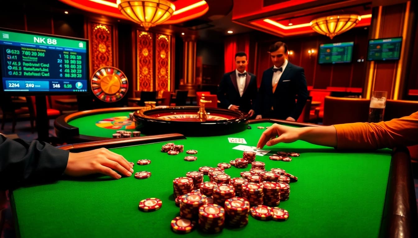 Engaging casino scene showcasing poker chips and cards, featuring NK 88 as an online betting theme.