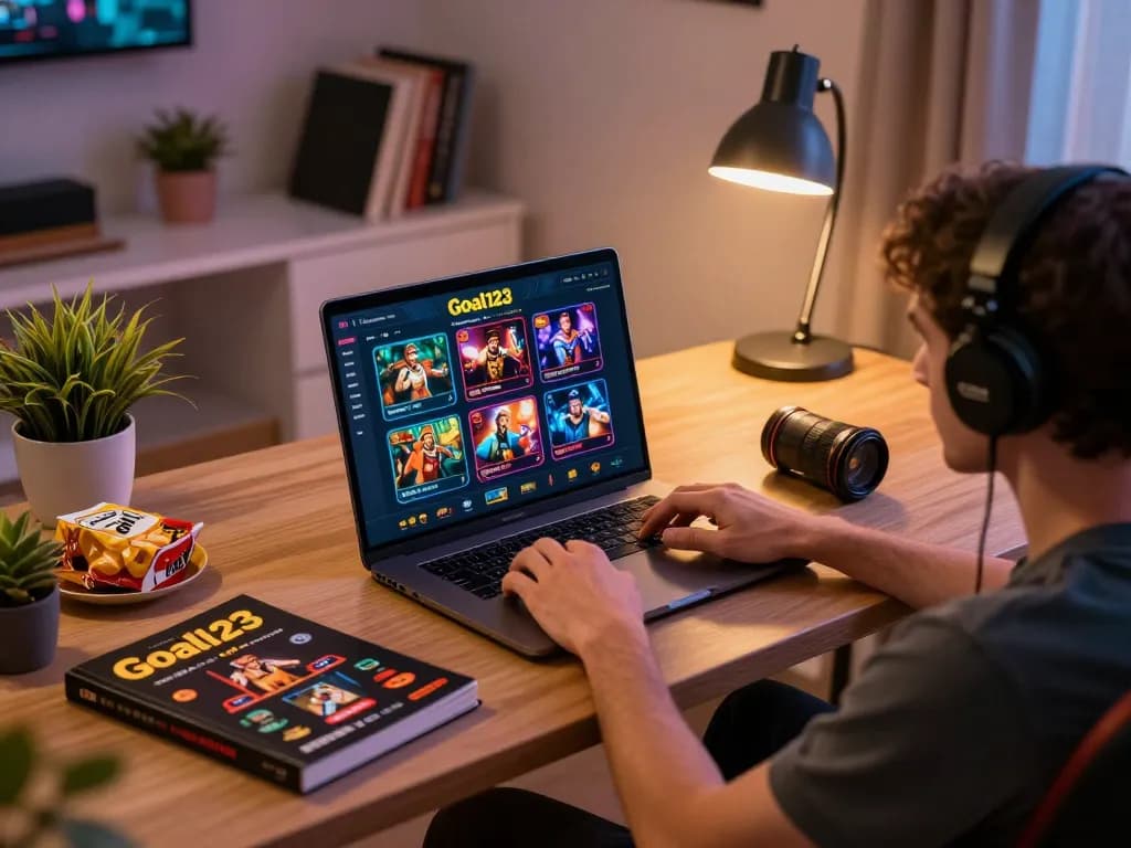 Engaged player strategizing at goal123 casino online platform on a laptop, cozy home atmosphere
