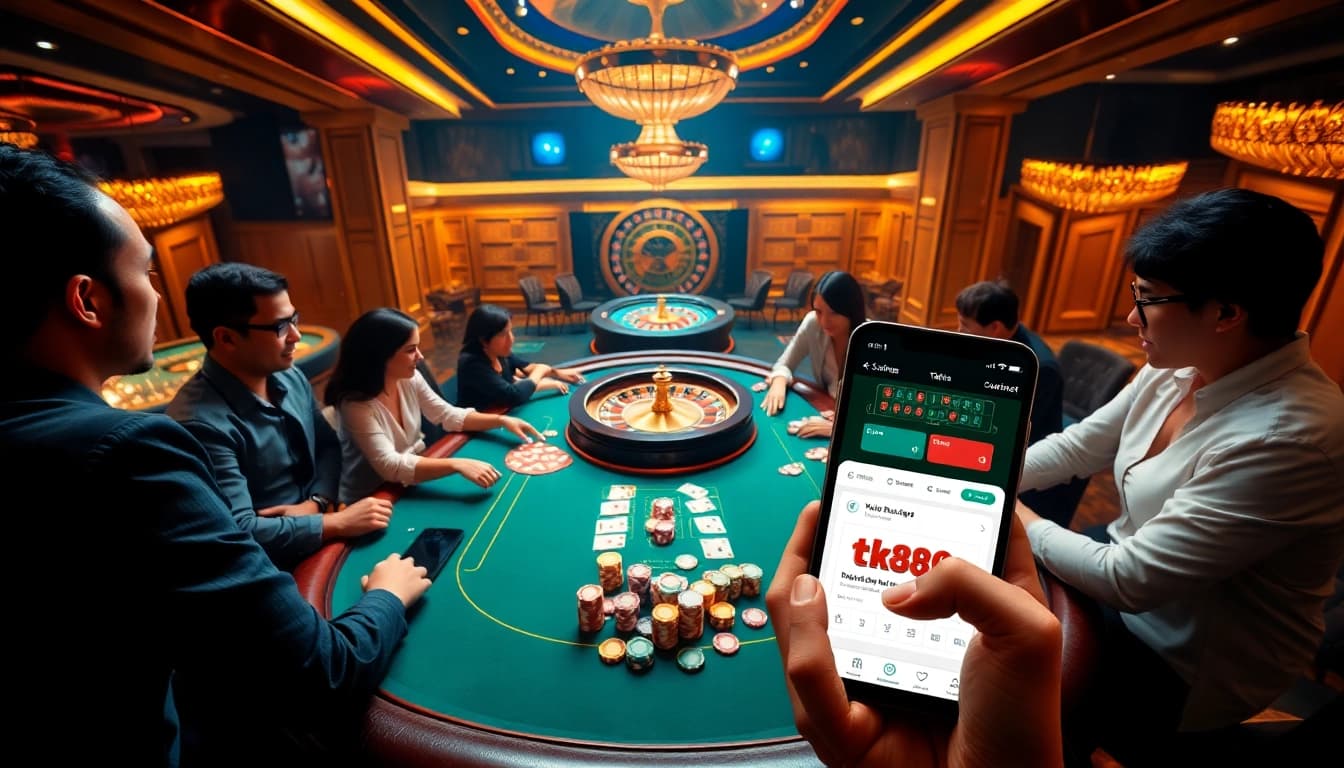 Players enjoying a poker game at tk88 with vibrant chips and a lively atmosphere.