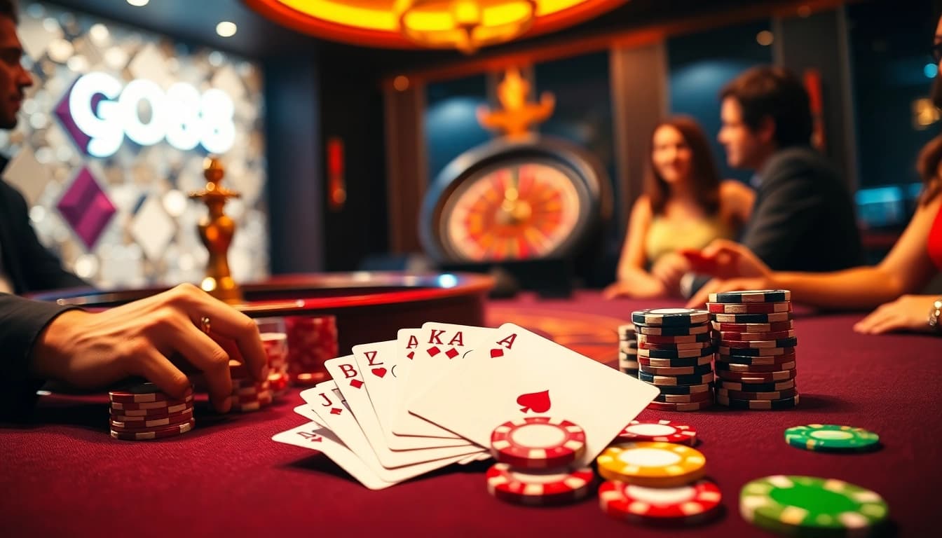 Action-packed gambling scene at GO88 casino, featuring poker tables and vibrant night lights.