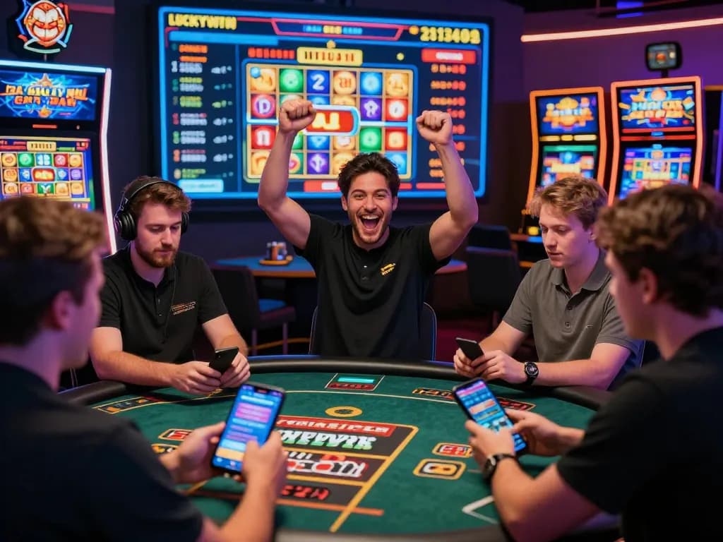 Online gamers at https://luckywin.free/ celebrating wins, engaging in vibrant casino games, creating a thrilling atmosphere.