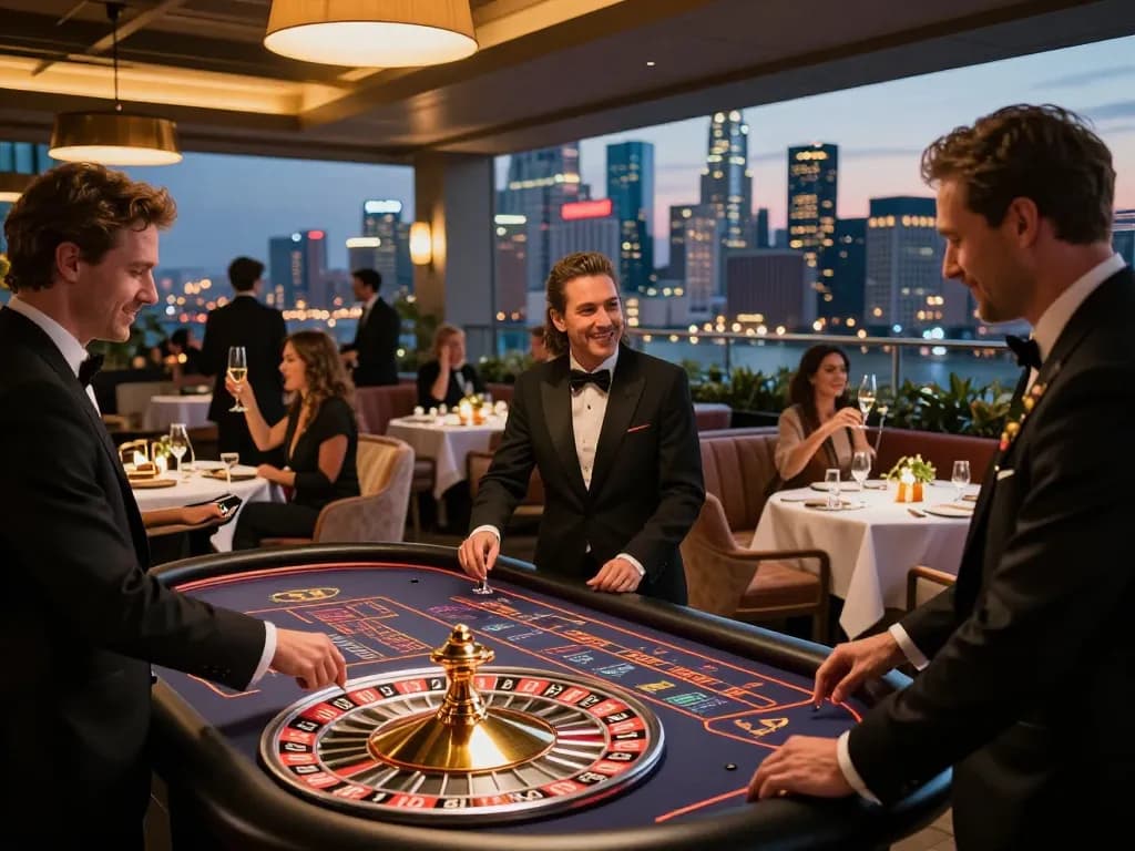 Guests enjoying roulette at 23winy's upscale rooftop casino, capturing social excitement and atmosphere.