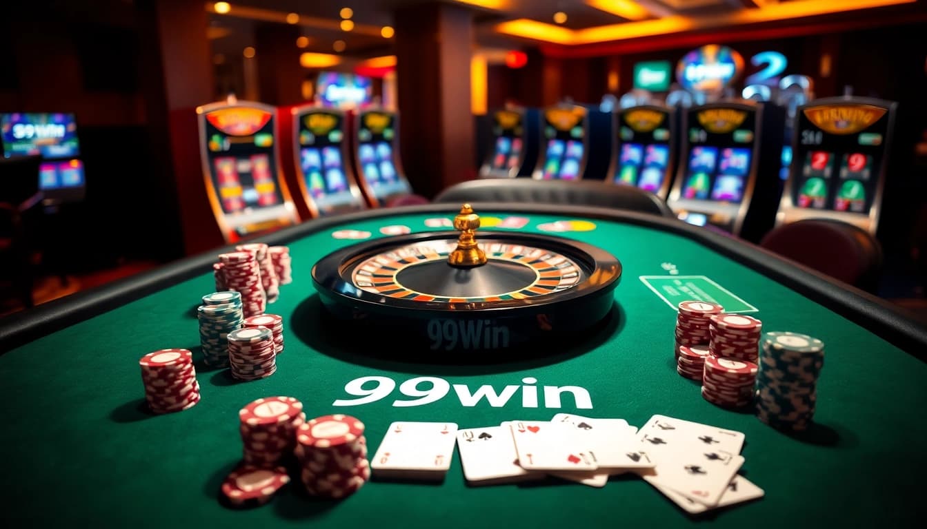 Experience the excitement of 99win at a vibrant casino table with roulette and poker chips.