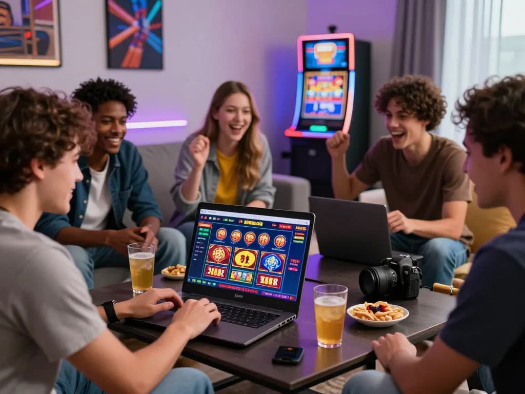 A lively gathering of friends enjoying 88aa com online casino games in a vibrant living room.