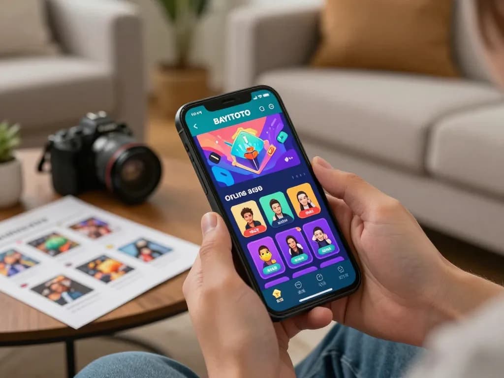 Berinteraksi dengan aplikasi BAYITOTO untuk permainan togel online, menyoroti kenyamanan dan semangat permainan mobile