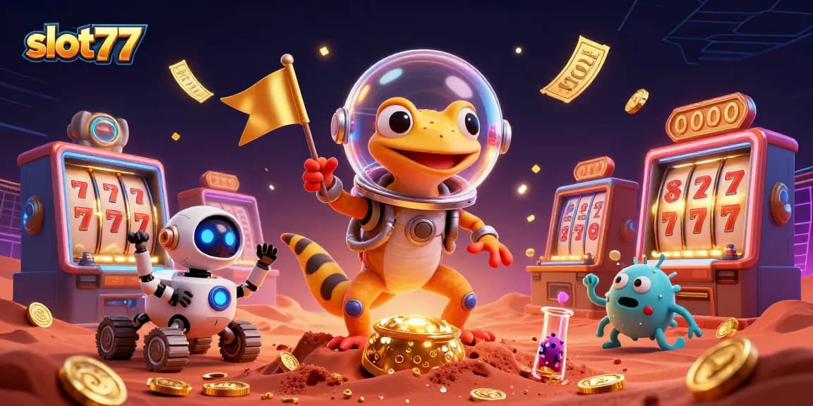 Spin to win with slot77 in a vibrant 3D illustration of Martian slot gaming adventure.