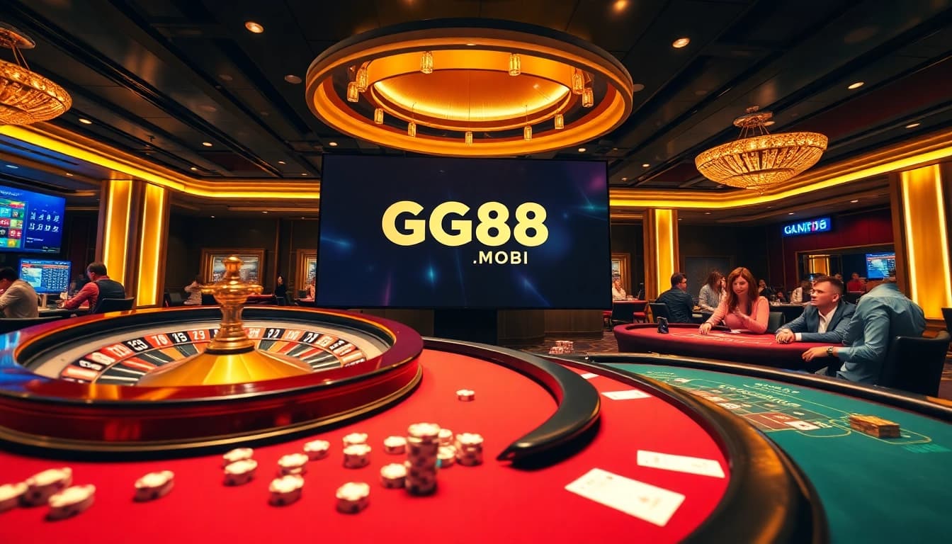Experience thrilling gameplay at GG88.MOBI with a vibrant casino atmosphere capturing gamers at tables.