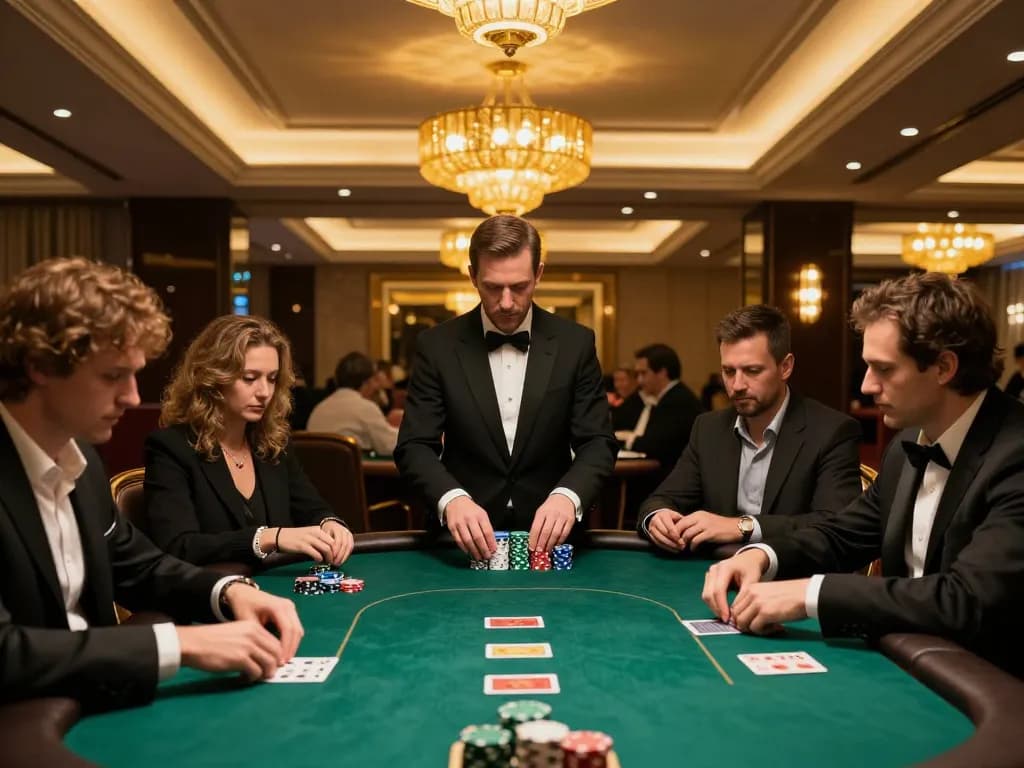 NK88 players engaged in a high-stakes poker game, showcasing strategic bets in a luxurious casino.