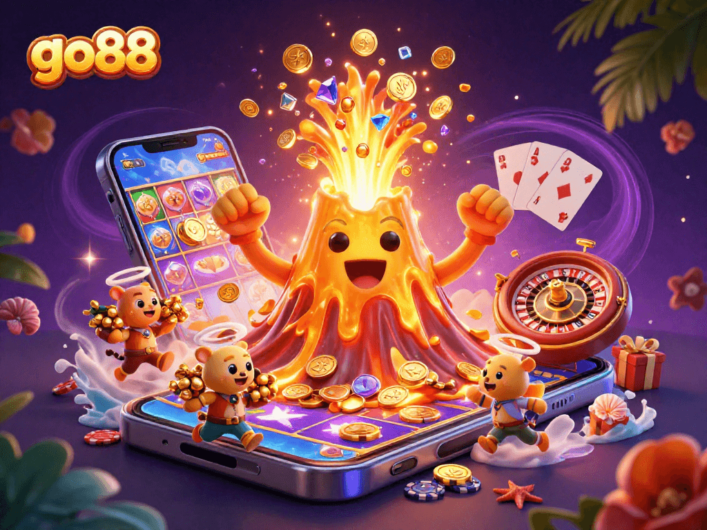 Engage with go88's thrilling gaming scene featuring a gold volcano, treasures, and vibrant casino elements.