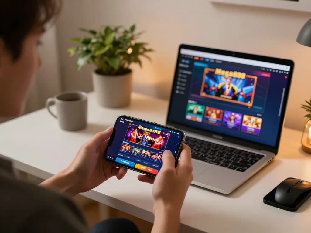 Mega888 mobile gaming experience on a smartphone in a cozy home office setup.