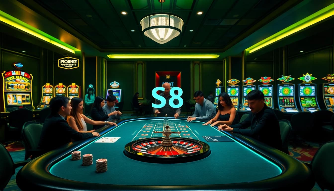 S8 casino scene featuring luxury gaming tables and excited players enjoying a thrilling gambling experience.