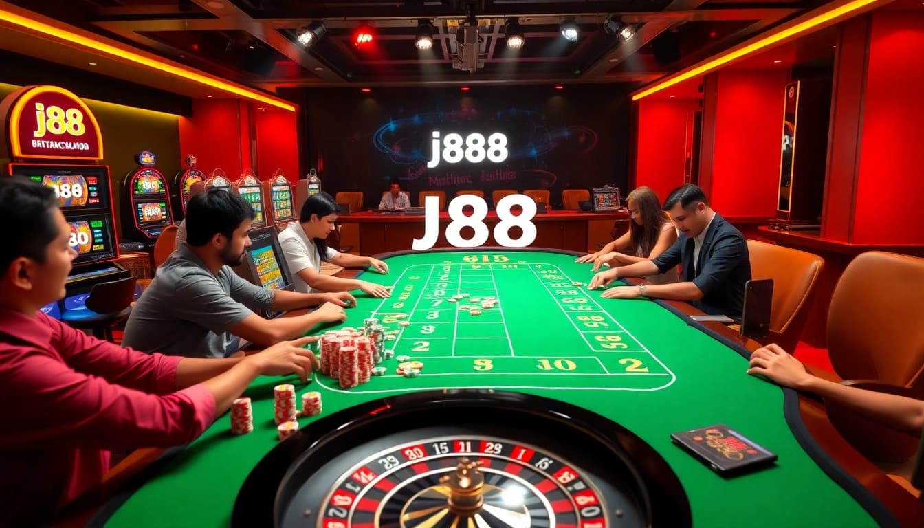 Experience high-stakes excitement with j88-themed casino visuals featuring vibrant tables and slots.