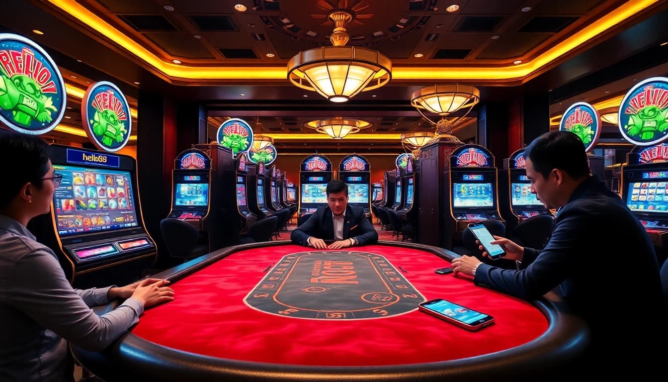 Players enjoying a thrilling game at hello88's elegant online casino featuring vibrant slot machines.