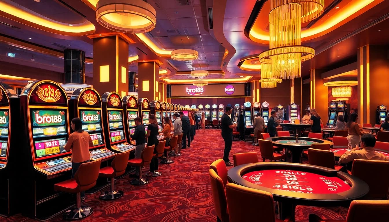 Experience the excitement of bro138 through vibrant casino action with slot machines and players.
