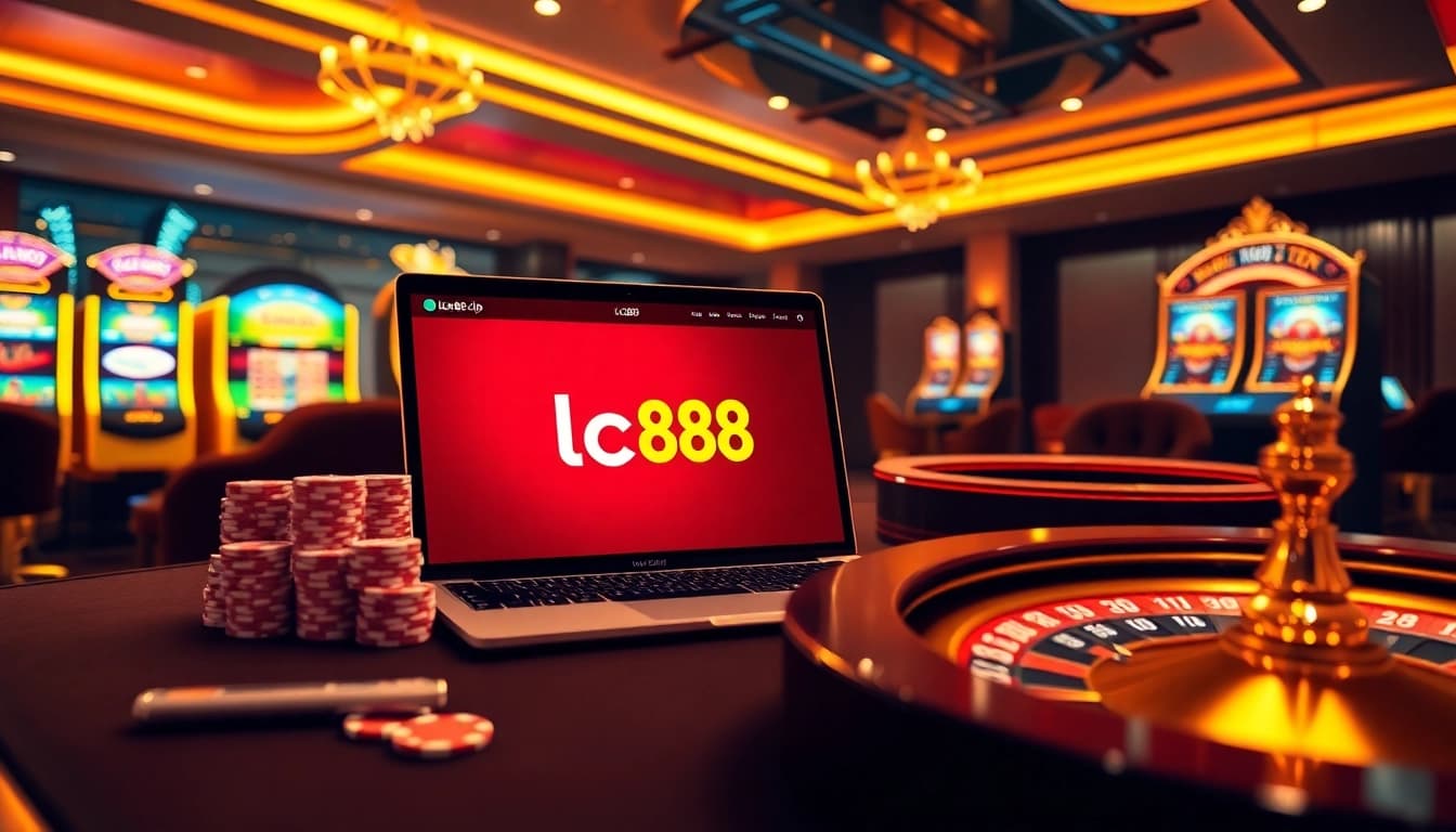 Exciting gaming setup showcasing lc88.zip on a laptop with vibrant slot machines.