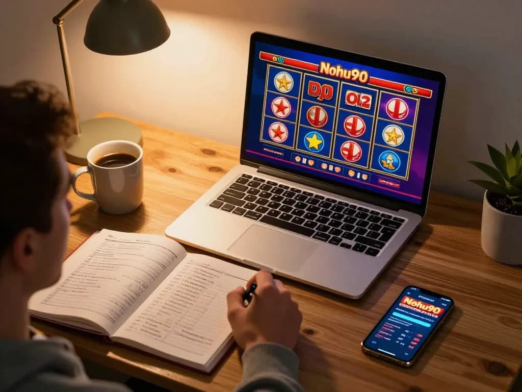 Nohu90 player strategizing slots gameplay using laptop at home