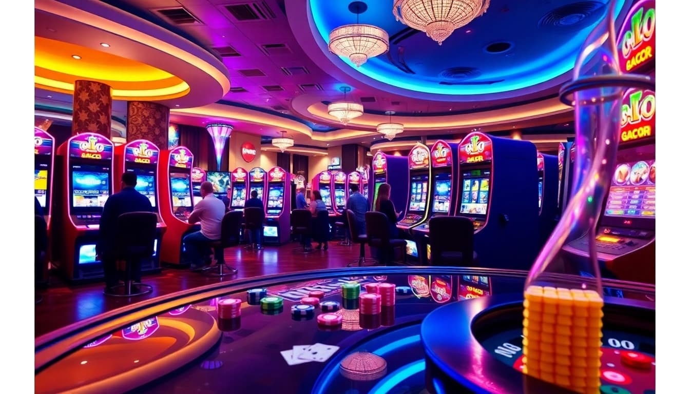 Novel Slot Gacor machines offering high RTP gameplay in a vibrant casino environment