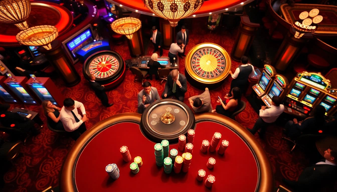 Engaging scene at NK88 casino with players enjoying poker and roulette.