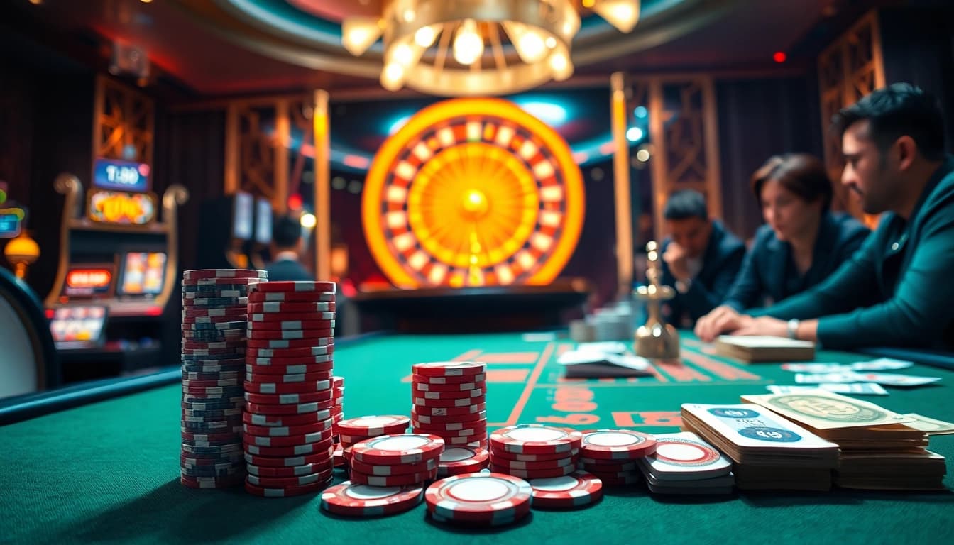 Experience the luxury and excitement of tg88 at a high-stakes poker table in a glamorous casino setting.
