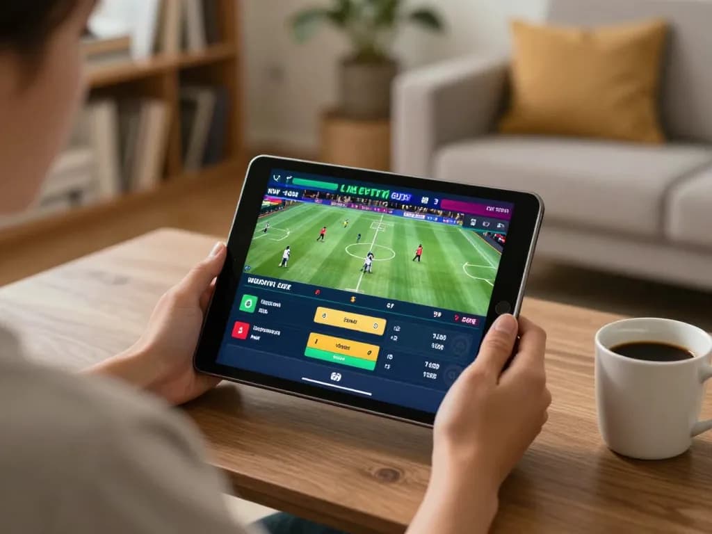 Engaging in sports betting on tip88 with a tablet showing live odds and friendly home setting