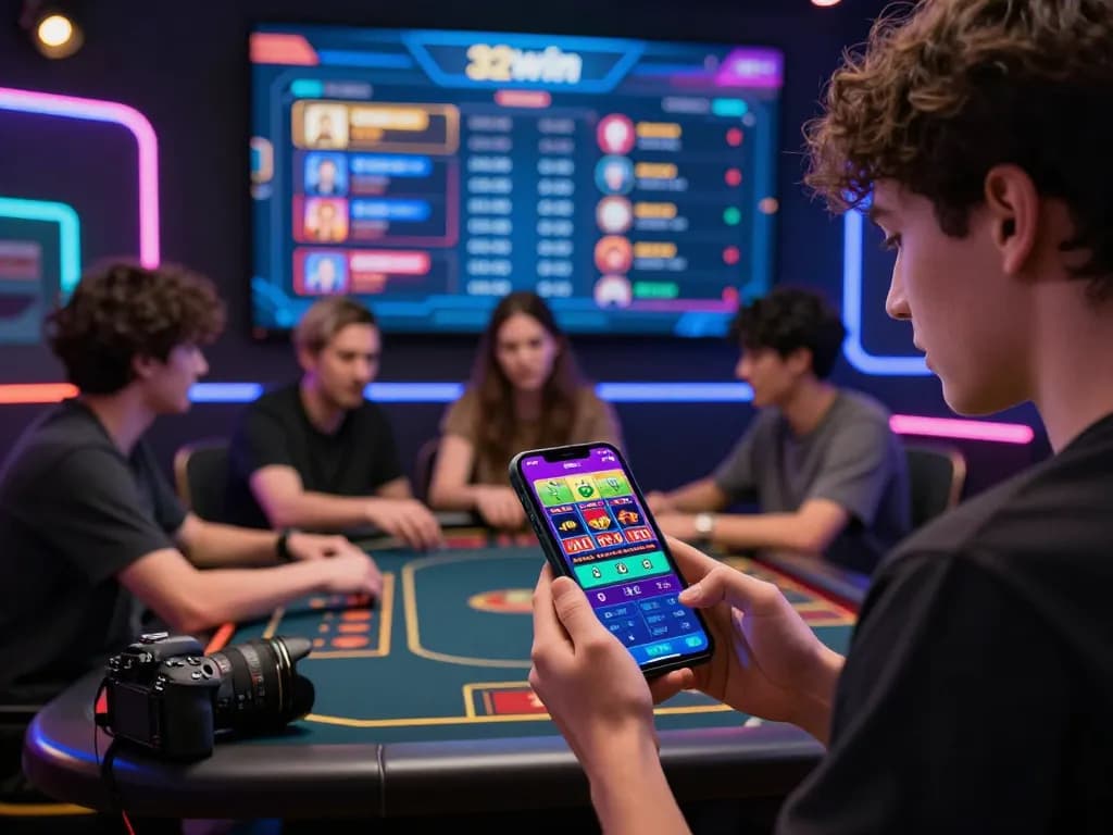 Engaging scene of players using the 32win platform for online gaming, showcasing vibrant betting activities and a modern digital interface.