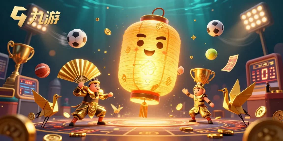 九游娱乐场景，巨型金色灯笼精灵与纸扇武士互动，展现精彩赌场体验。