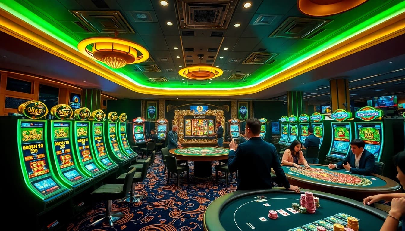 Excited players enjoying the RAJAGACOR Spaceman slot game in a vibrant casino setting.