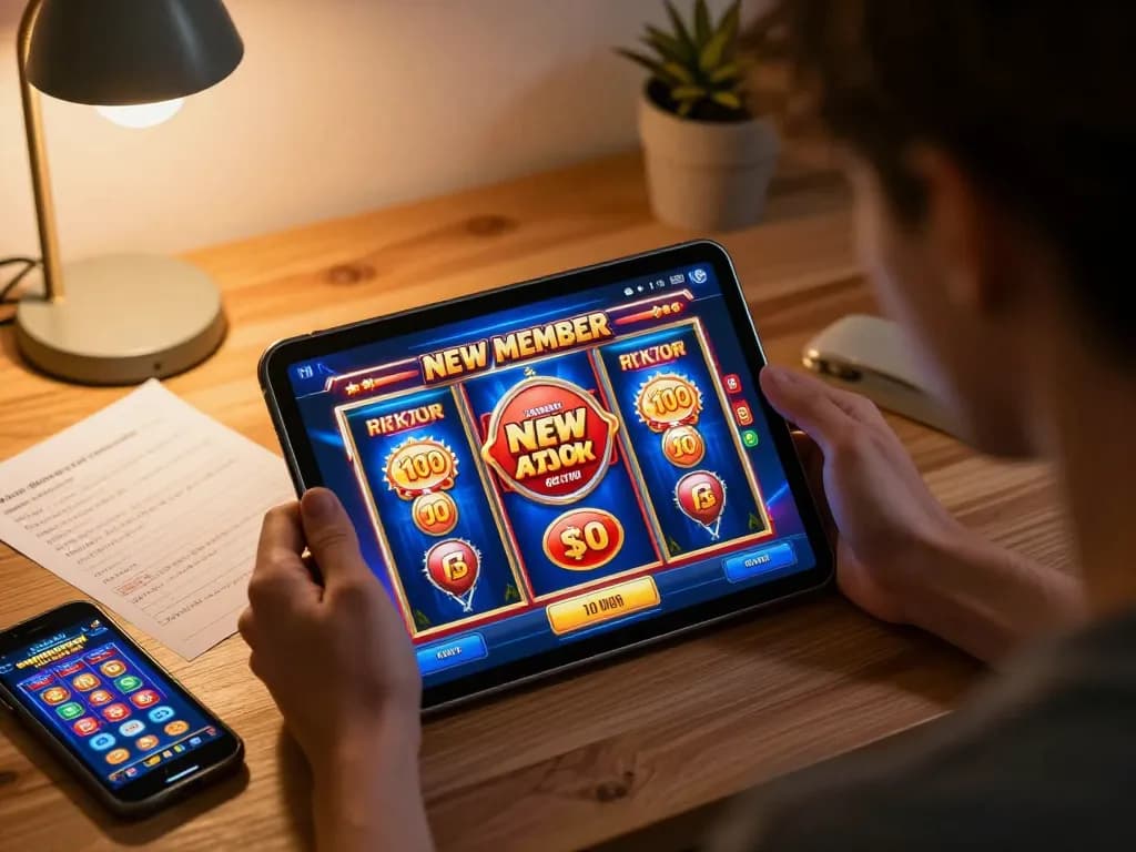 Engaging scene of a player exploring bonus new member offers on tablet for online slot games, highlighting strategic gambling.