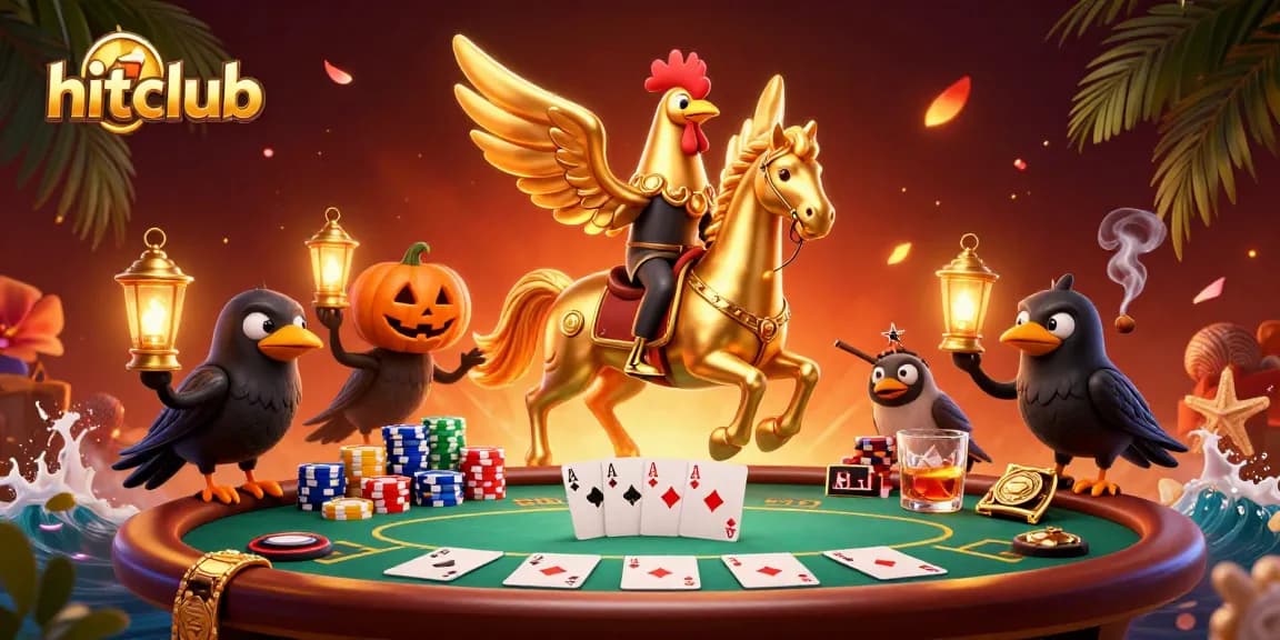 Hitclub illuminates poker strategy with a golden rooster in a vibrant midnight casino scene.