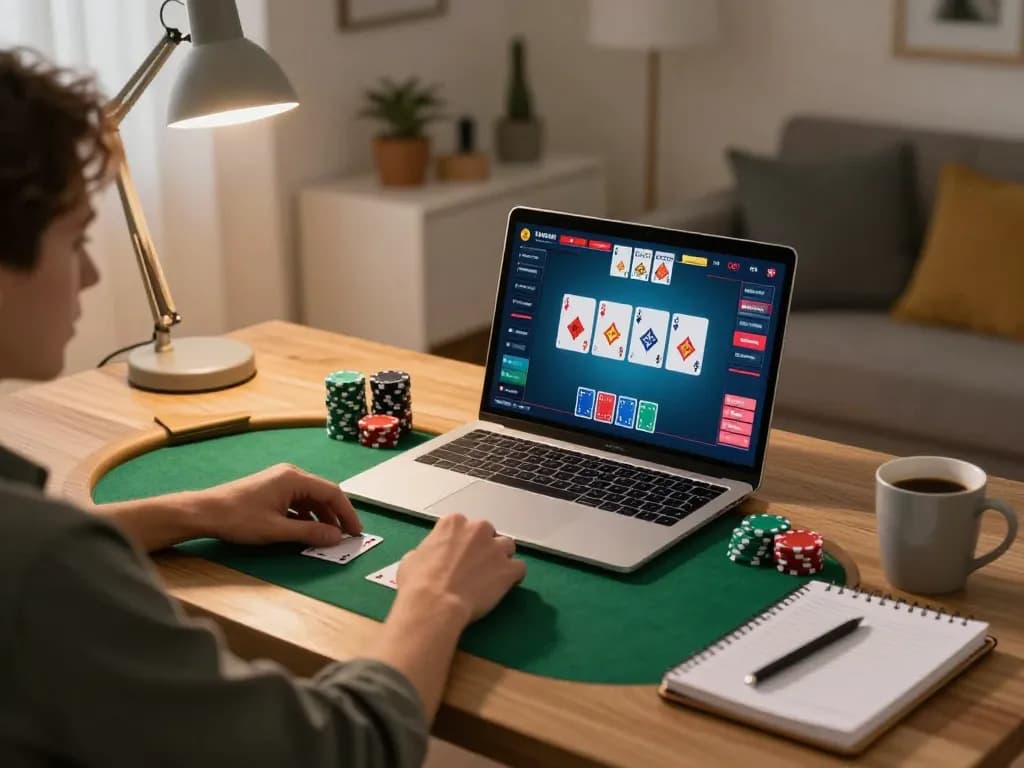 Kuwinfi player engaging with online poker game at home, displaying cards and strategies.