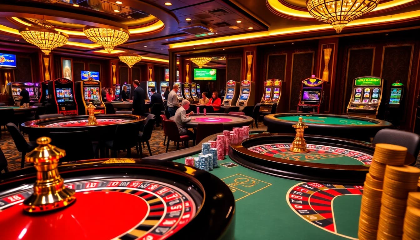Exciting casino scene at Hello88 showcasing roulette and poker games.